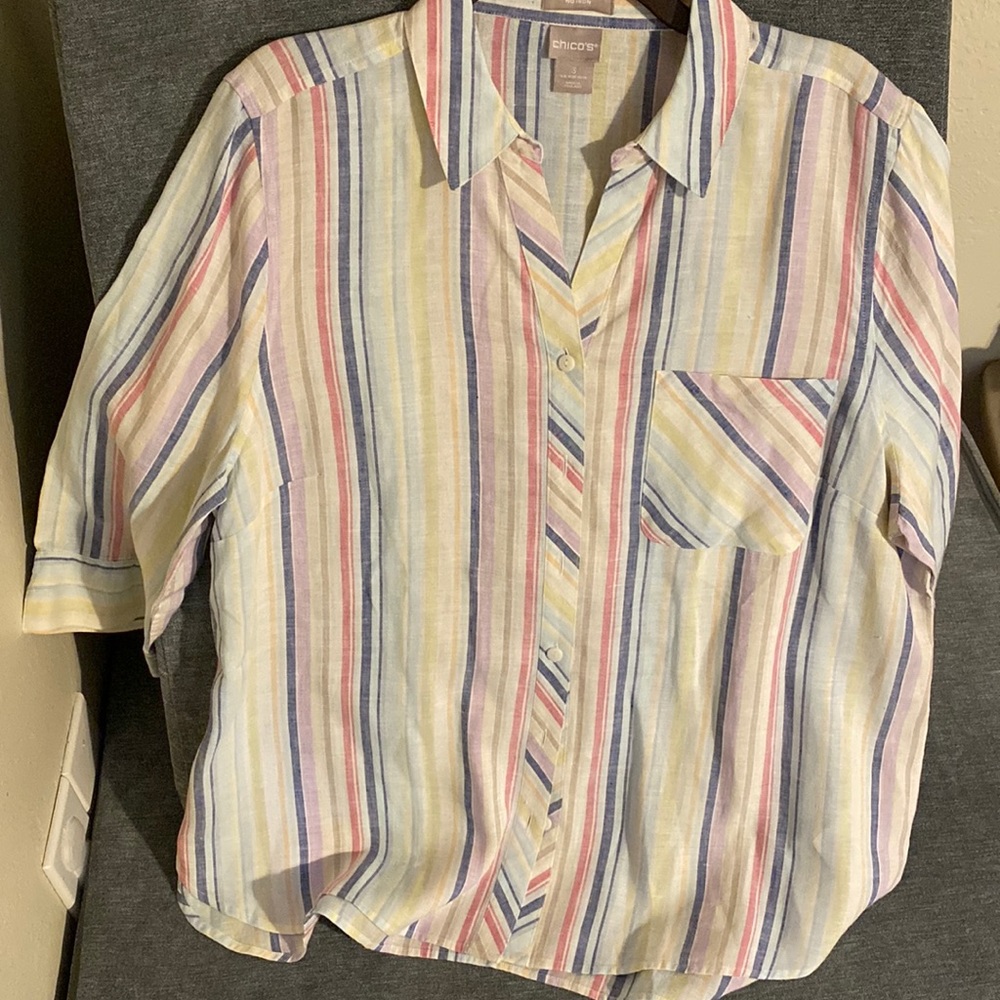 Chico’s Striped Quarter Sleeve Button Down Shirt